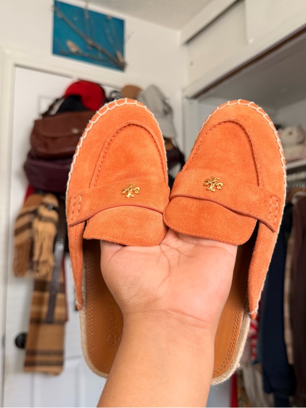 Tory Burch Orange Suede Mule with Gold Logo Accent